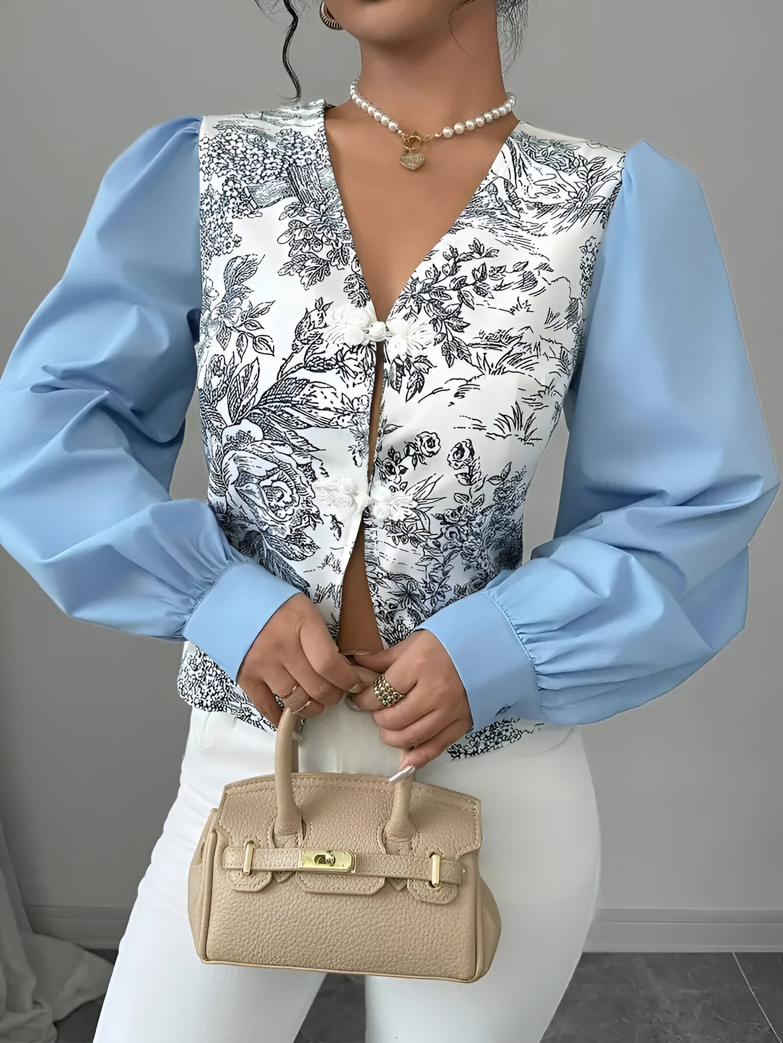 Blouse Femme Col en V Manches de Lanterne Imprimé Floral 100% Polyester-5