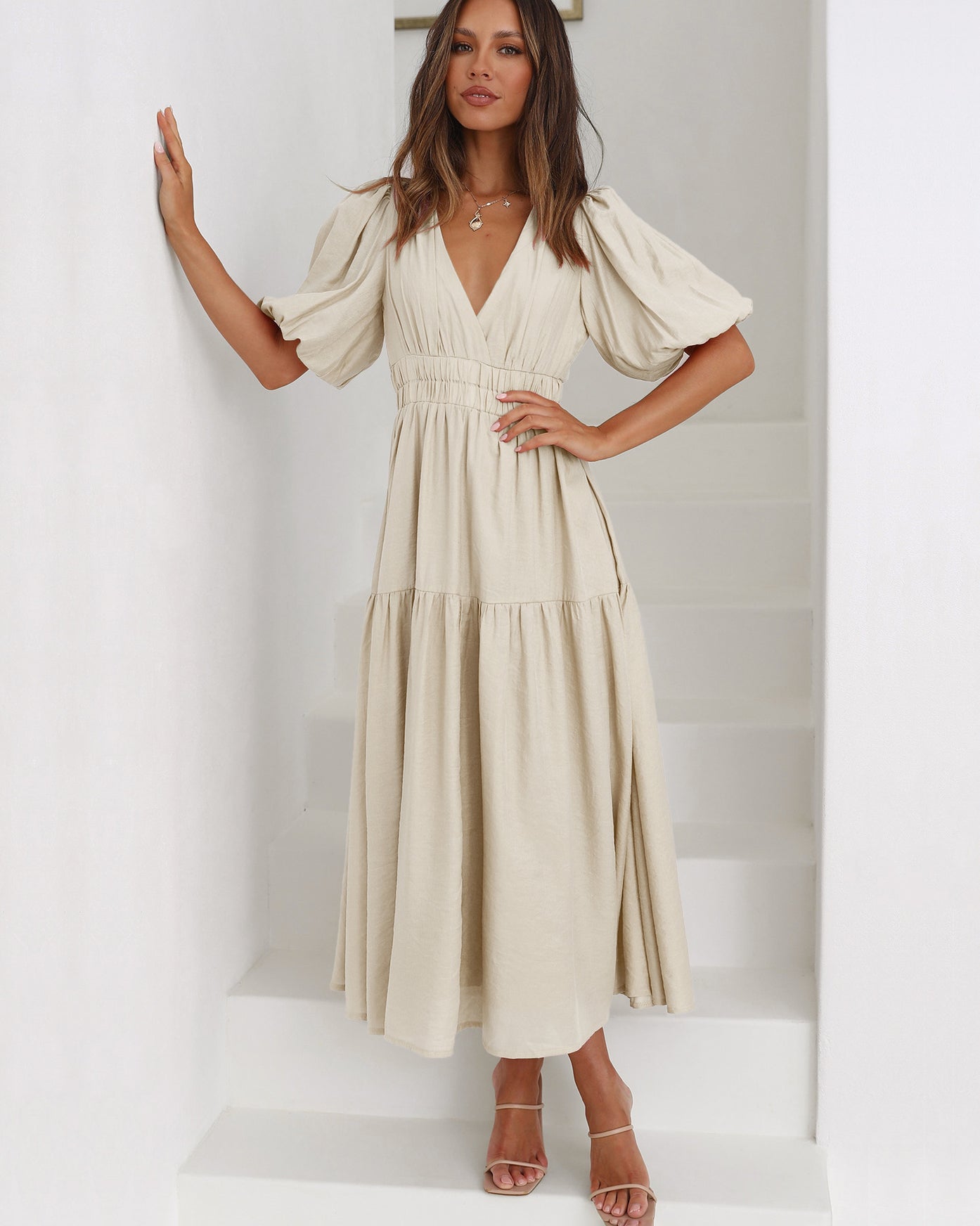 Variant image for Robe Longue Femme Col en V Manches Bouffantes Élégante Polyester-8