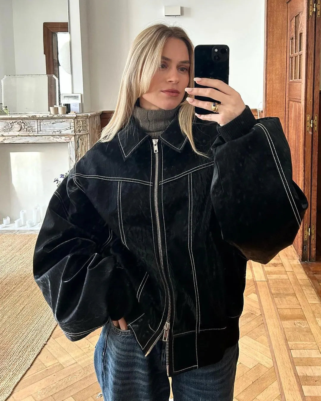 Variant image for Veste Femme Oversized Noire Style Bomber Résistante au Froid-7