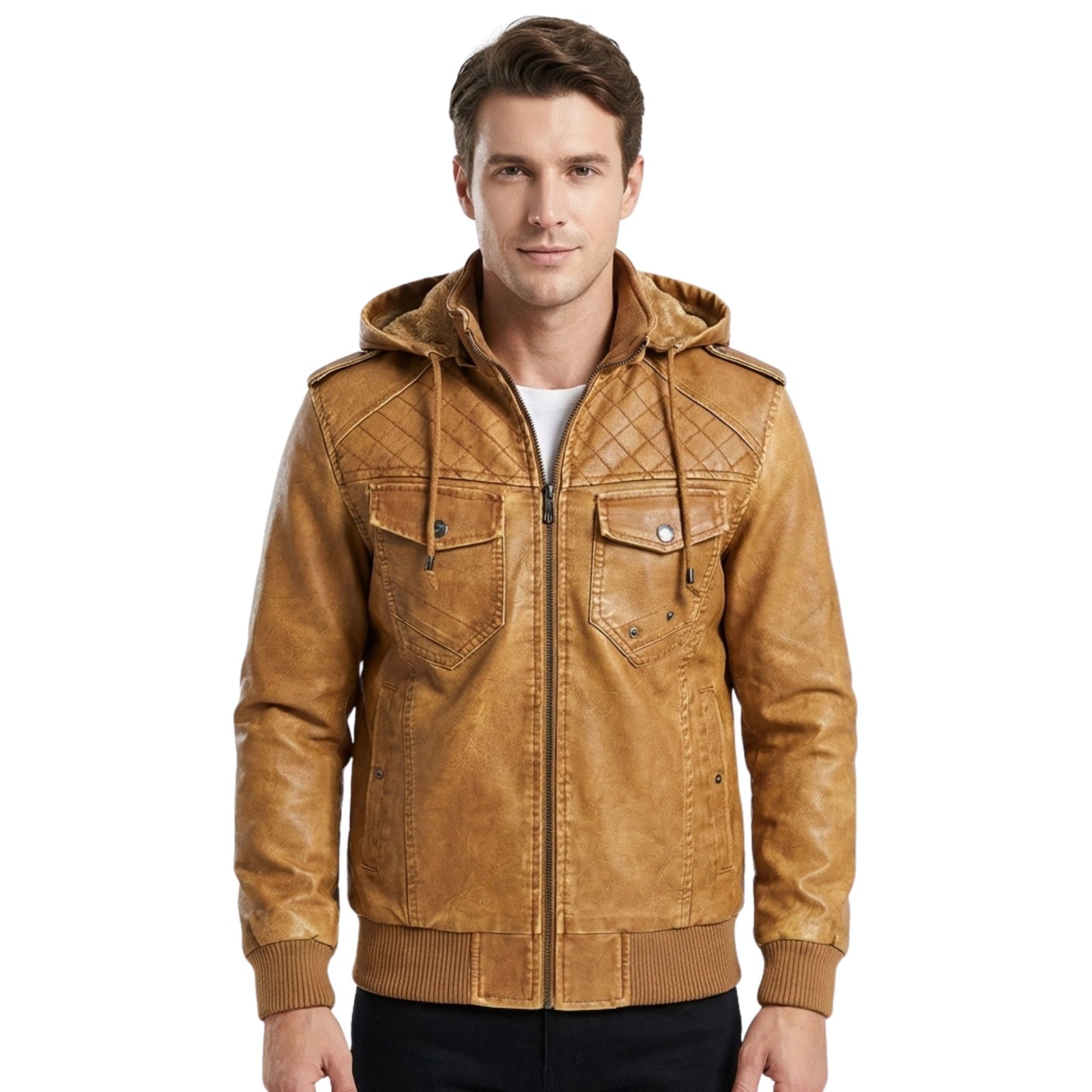Veste en cuir pour hommes avec capuche amovible