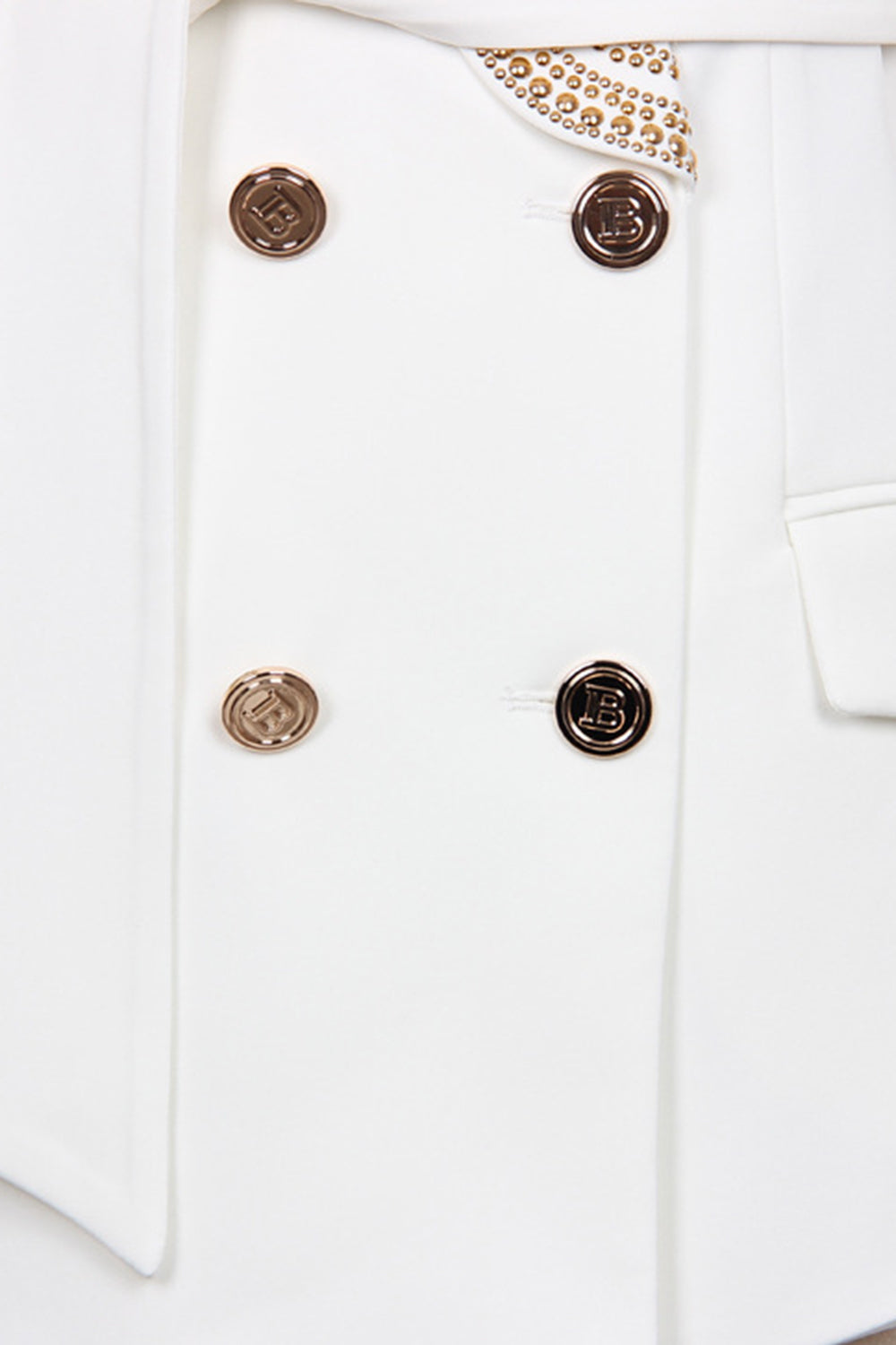 Blazer Femme Blanc Chic Détails en Perles Dorées Polyester Double Boutonnage-3