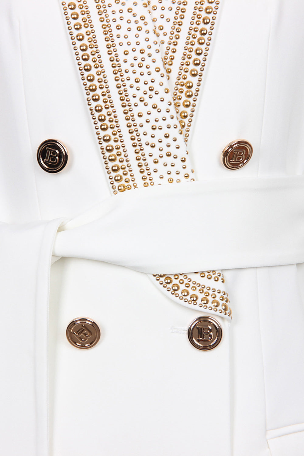 Blazer Femme Blanc Chic Détails en Perles Dorées Polyester Double Boutonnage-4