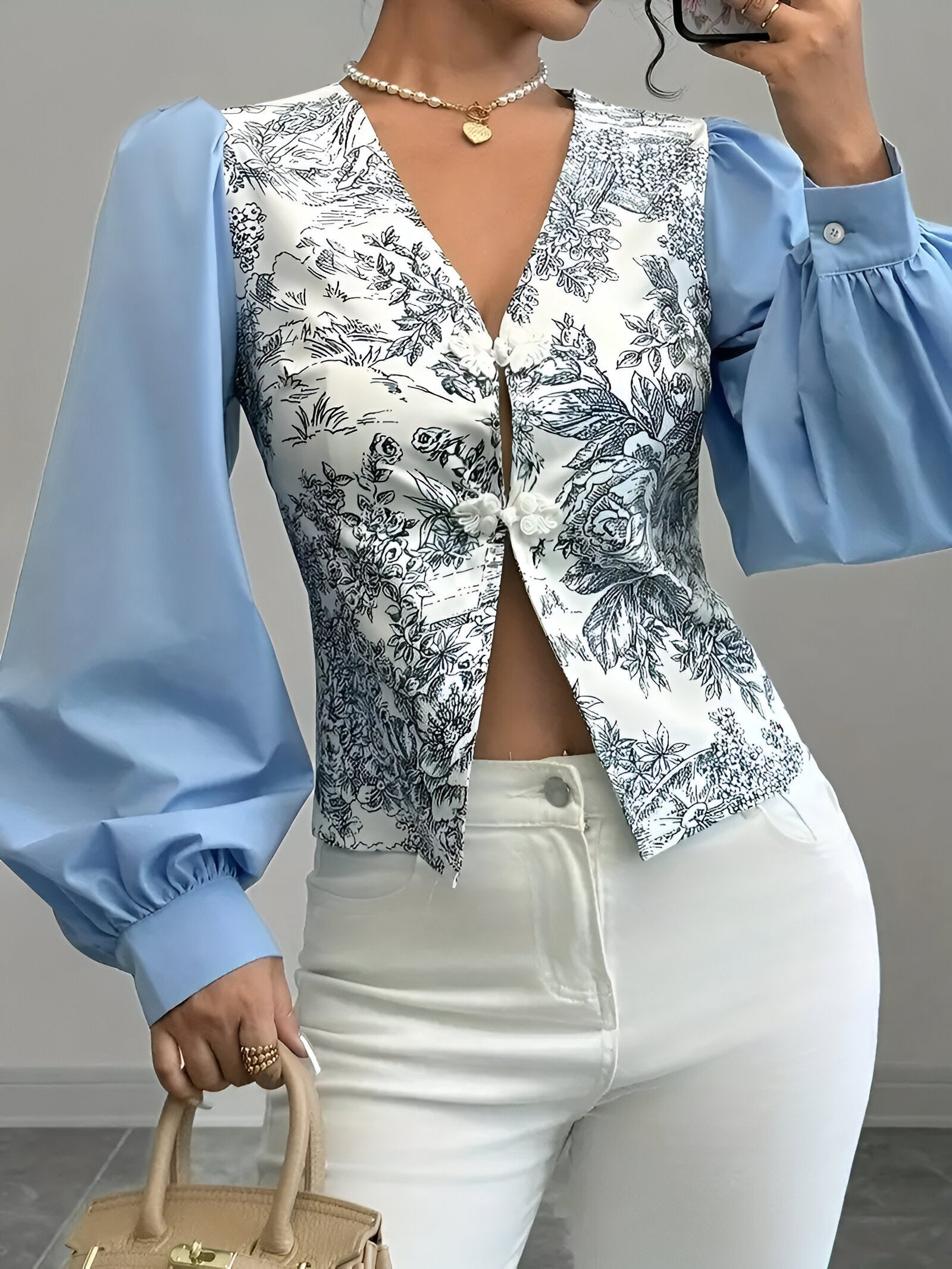 Blouse Femme Col en V Manches de Lanterne Imprimé Floral 100% Polyester-3