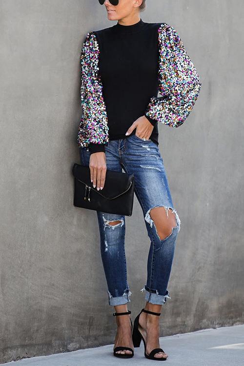 Blouse Femme à Manches Lanternes et Paillettes 3