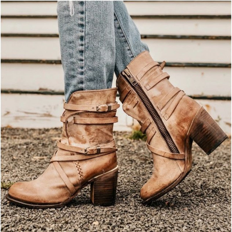 Bottines Femme À Talons Épais Chic Avec Fermeture Éclair 0