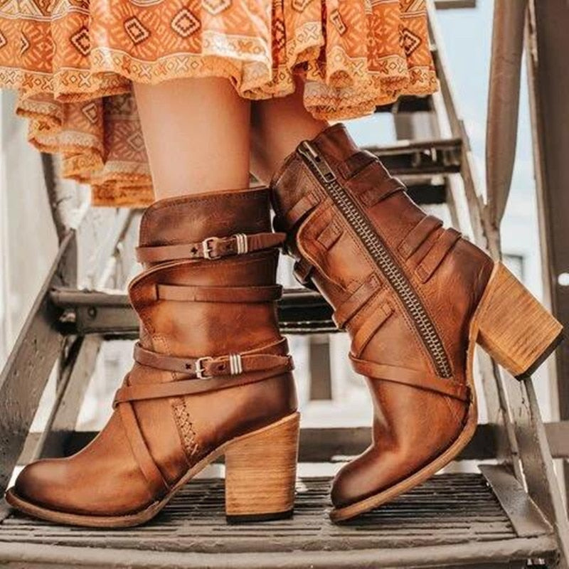 Bottines Femme À Talons Épais Chic Avec Fermeture Éclair 2