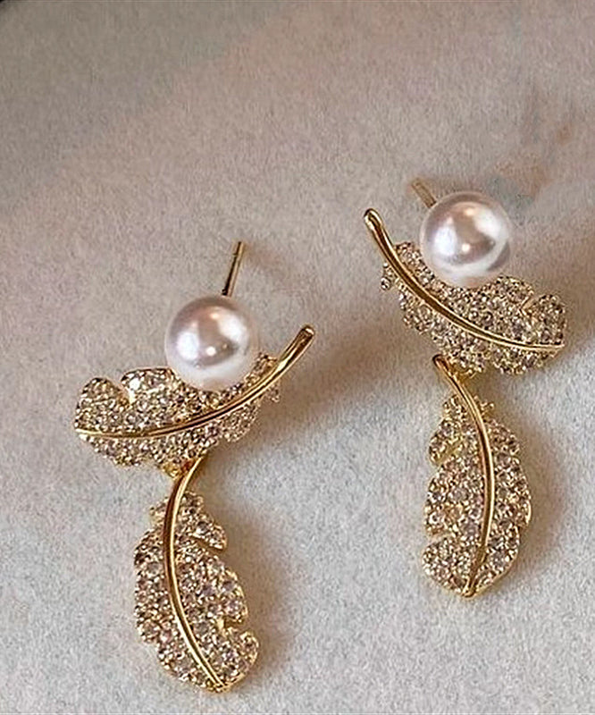 Boucles d'oreilles femme style plume et perles en cuivre doré 0