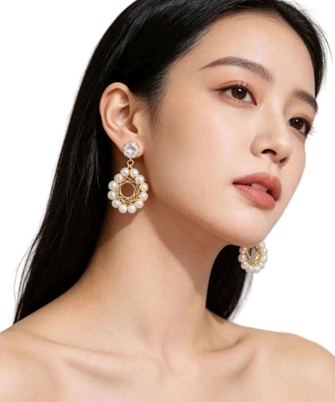 Boucles d'oreilles pendantes pour femme en forme d'anneau avec perles fines 1