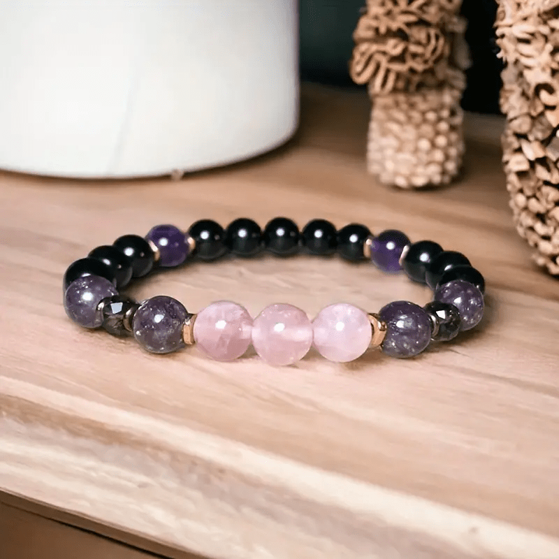 Bracelet en perles d'améthyste et d'obsidienne 1