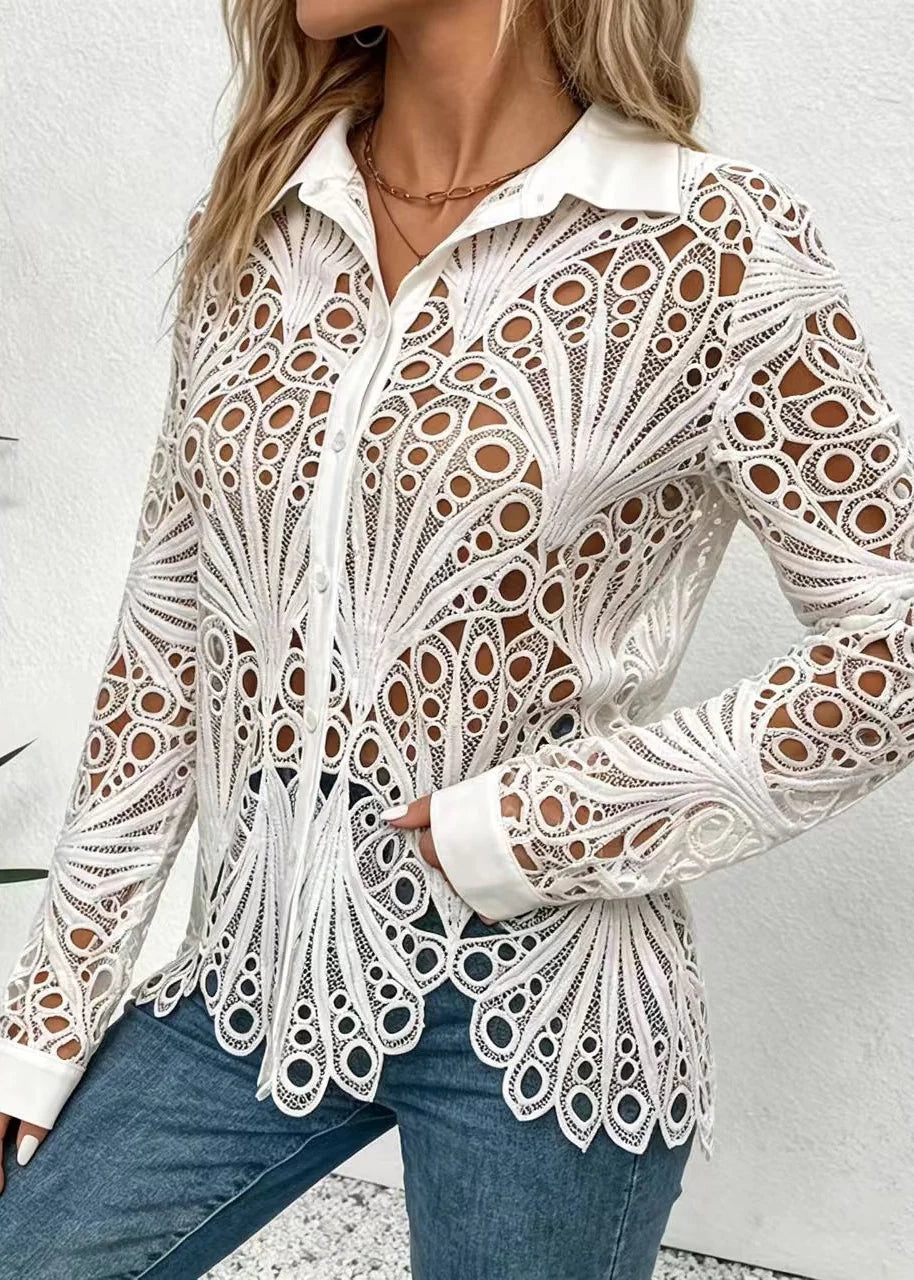 Chemise Femme Col Rabattu Dentelle Ajourée Automne 2