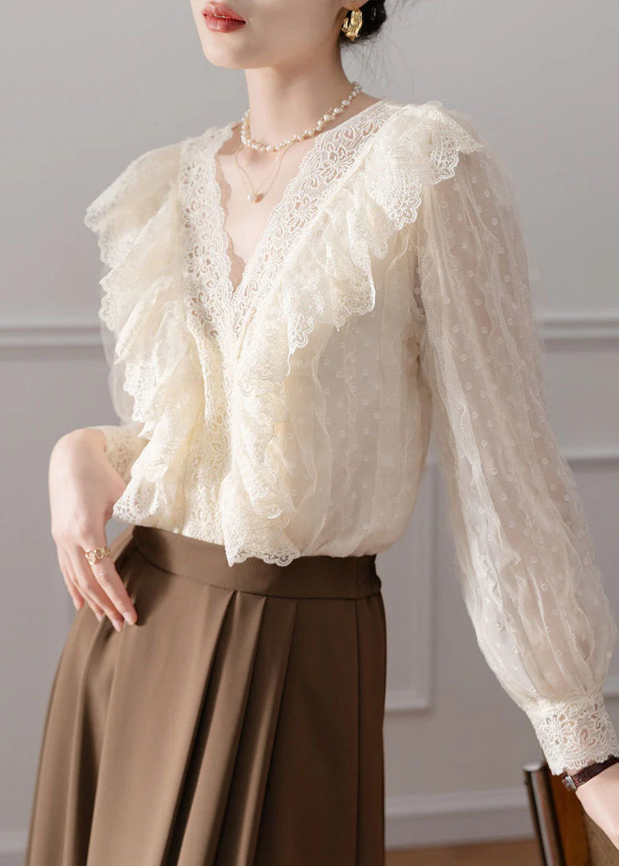 Chemise Femme Col V avec Empiècements en Dentelle Style Automnal 3