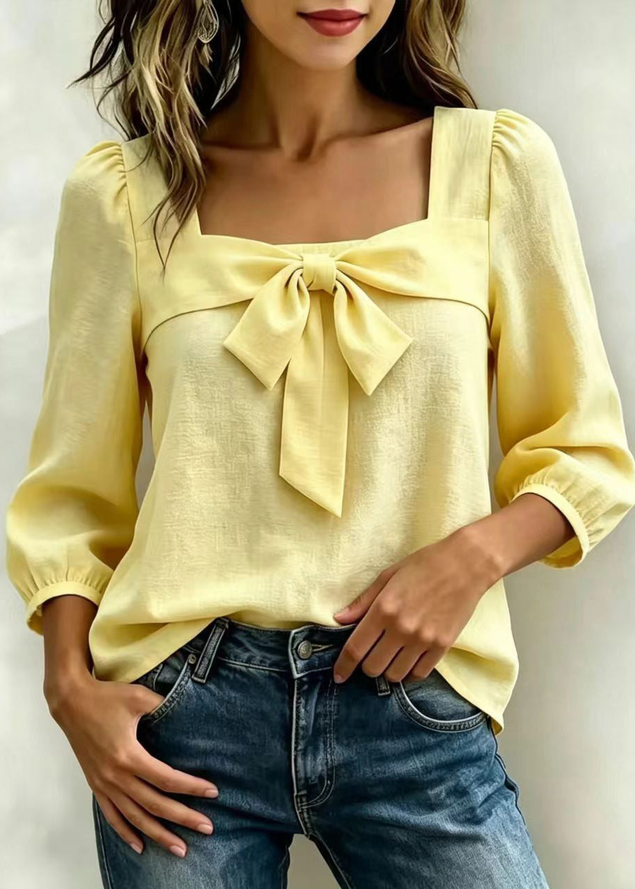 Chemise Femme Manches Longues Col Carré Noué Style Décontracté 2