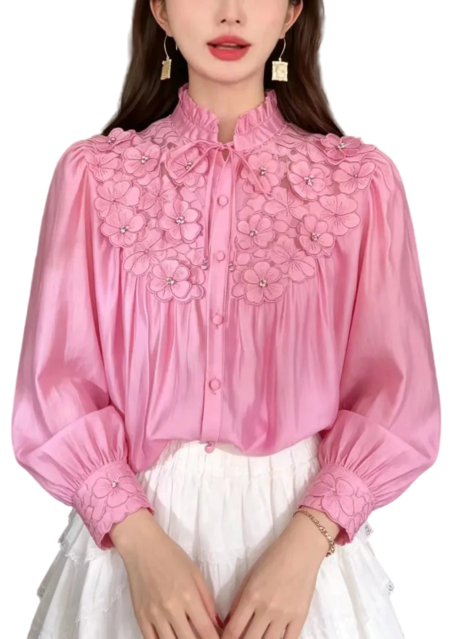 Chemise Femme à Col Montant avec Volants et Lacets Motif Floral 0