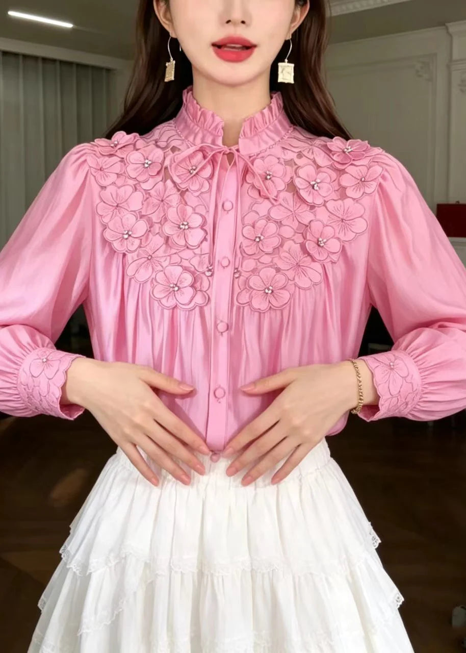 Chemise Femme à Col Montant avec Volants et Lacets Motif Floral 4