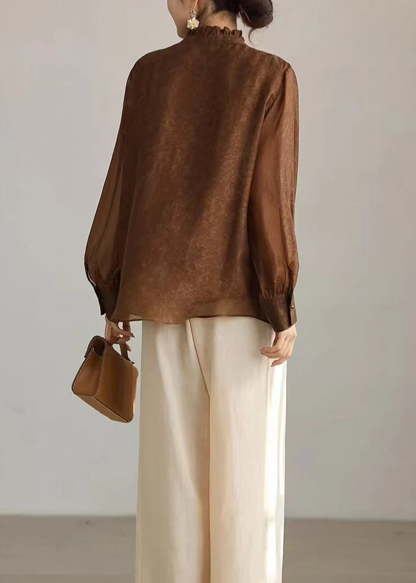 Chemise Femme à Col Montant et Volants Manches Longues 4