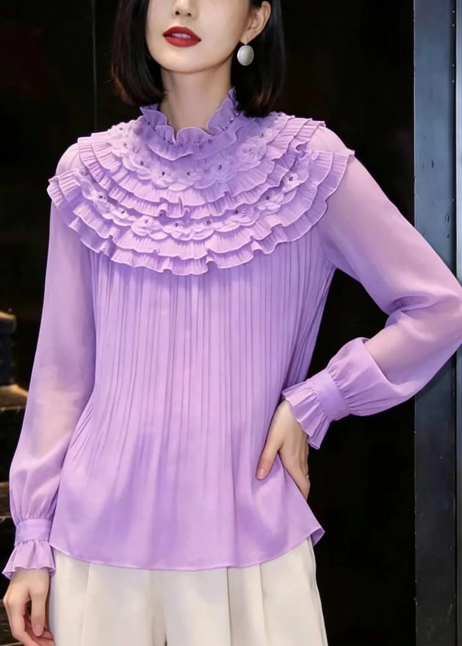Chemise Femme à Volants Superposés Col Montant 2