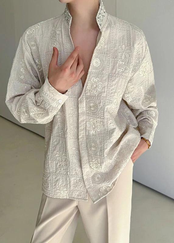 Chemise de travail homme col montant brodée automne 2