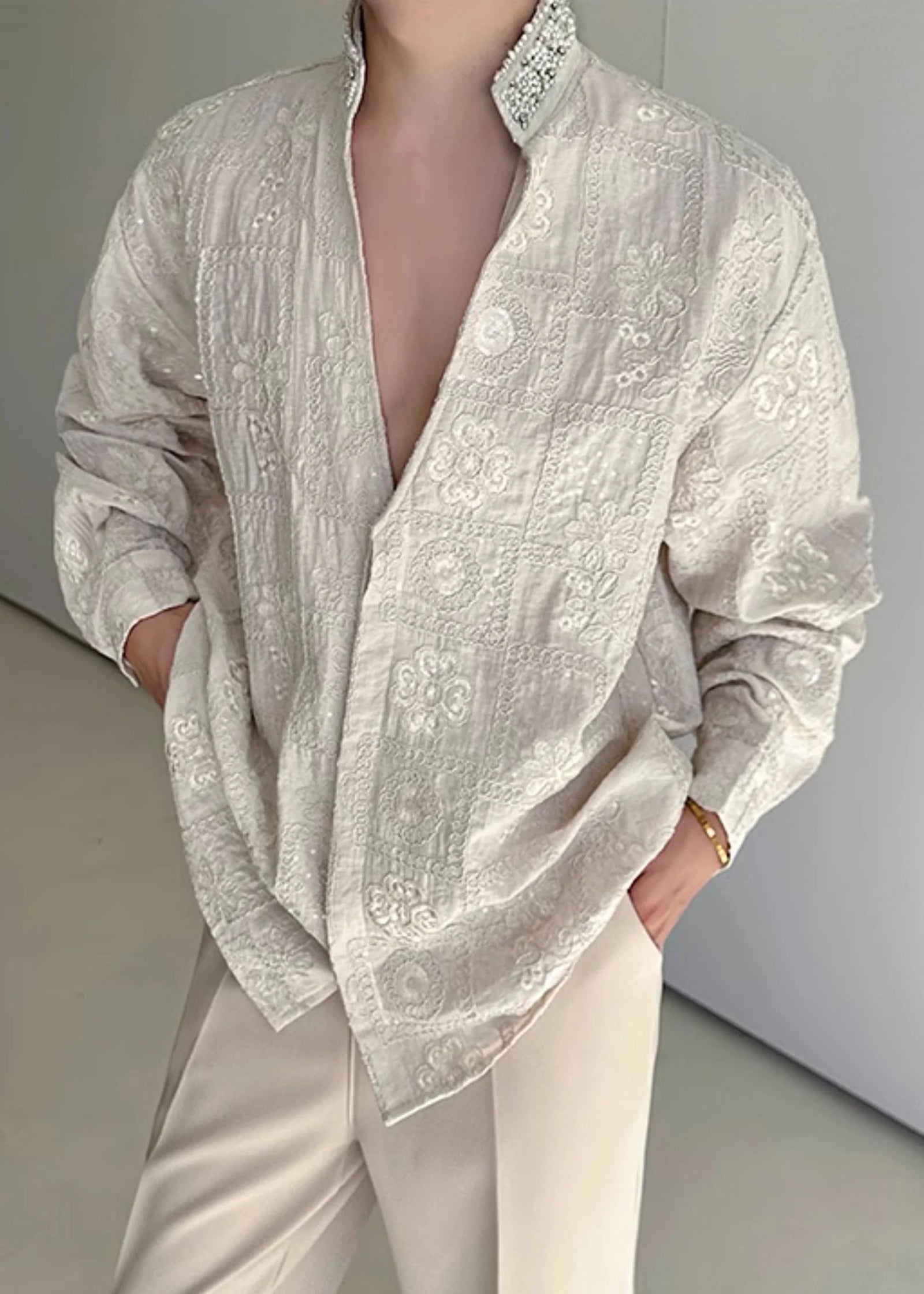 Chemise de travail homme col montant brodée automne 4