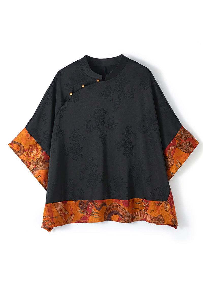 Chemise en Soie Femme Col Mandarin Vintage Asymétrique Manches Chauve-Souris 8