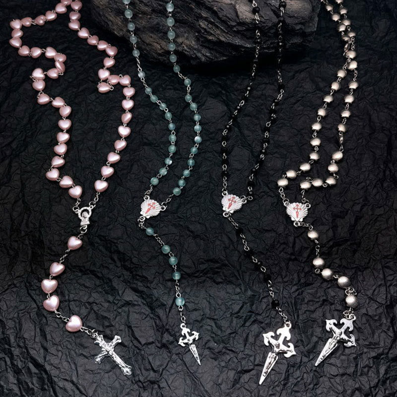 Collier Femme Coeur Chapelet Élégant avec Pierres Œil de Chat 1