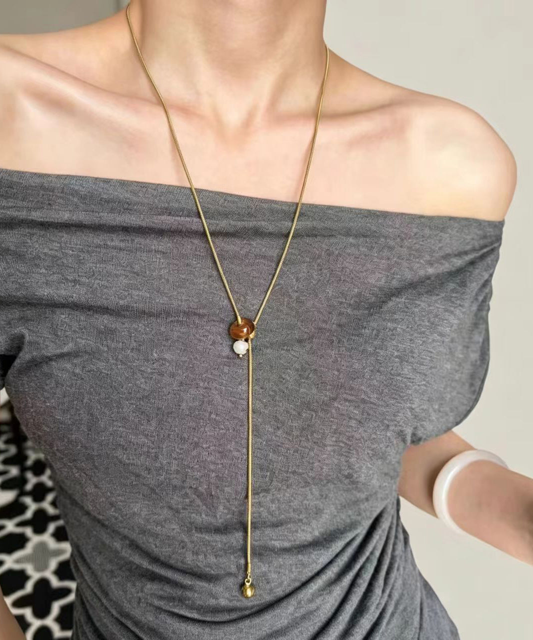 Collier Lariat Femme Style Minimaliste avec Pierre Naturelle Œil de Tigre 0