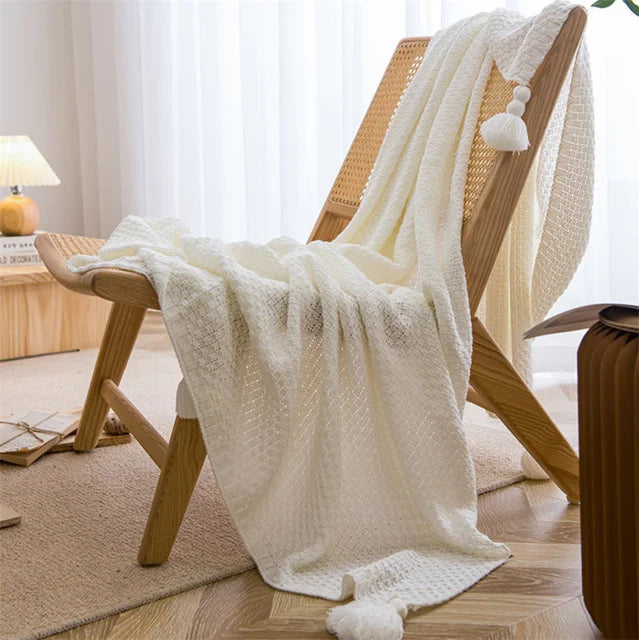 Couverture en Tricot Scandinave avec Pompons 0