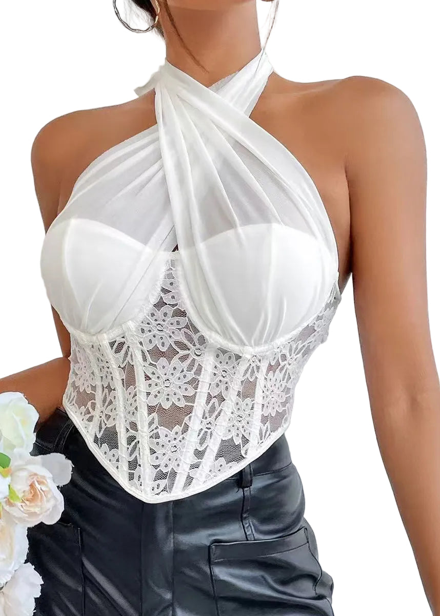 Débardeur Femme Style Halter Patchwork Dentelle 0