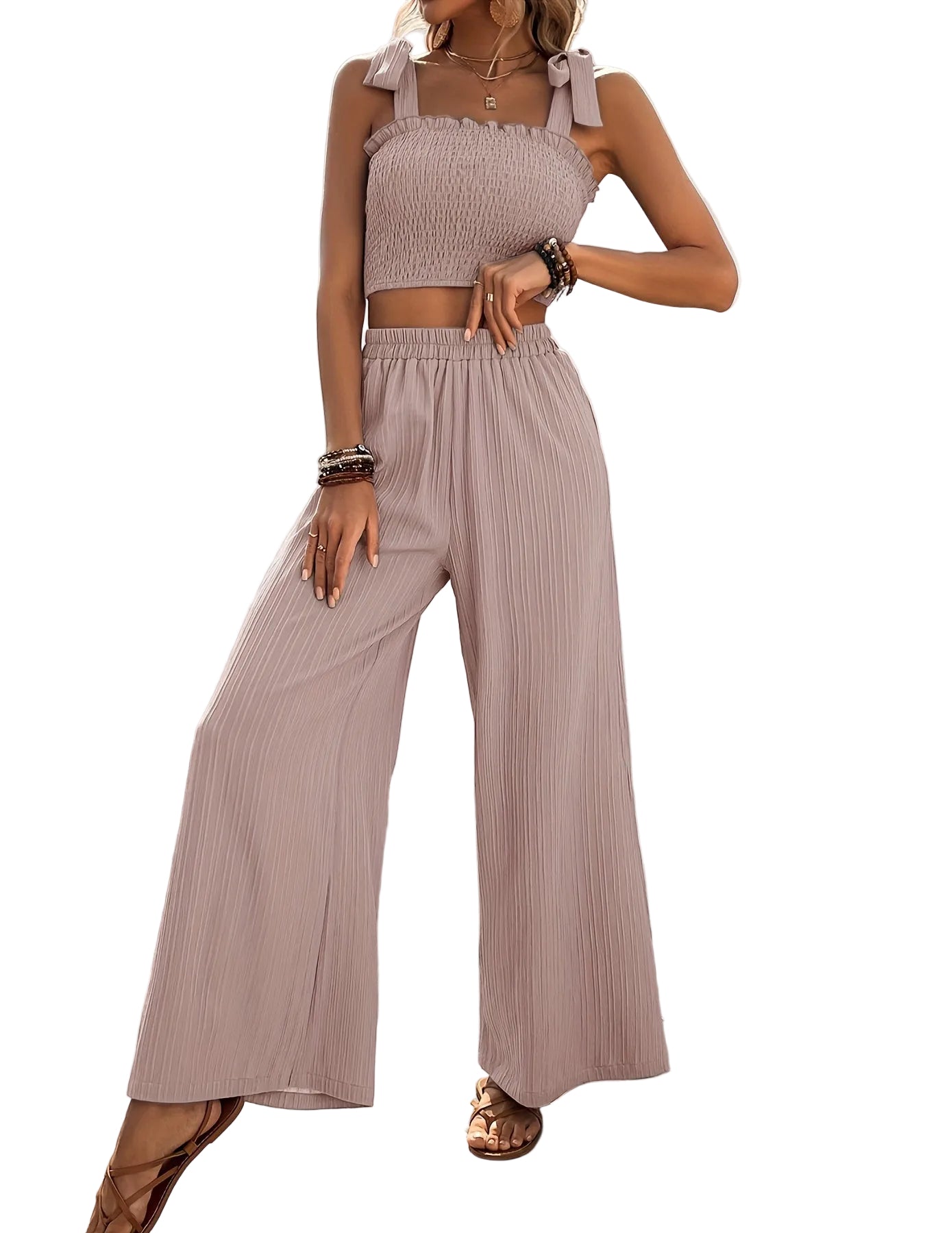 Ensemble Femme Pantalon Large et Top Smocké Chic 0