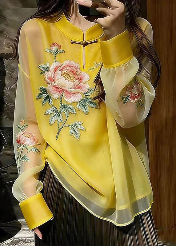 Femme Chemisier à Col Montant Boutonné Style Chinois 0
