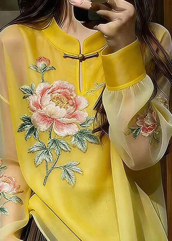 Femme Chemisier à Col Montant Boutonné Style Chinois 1