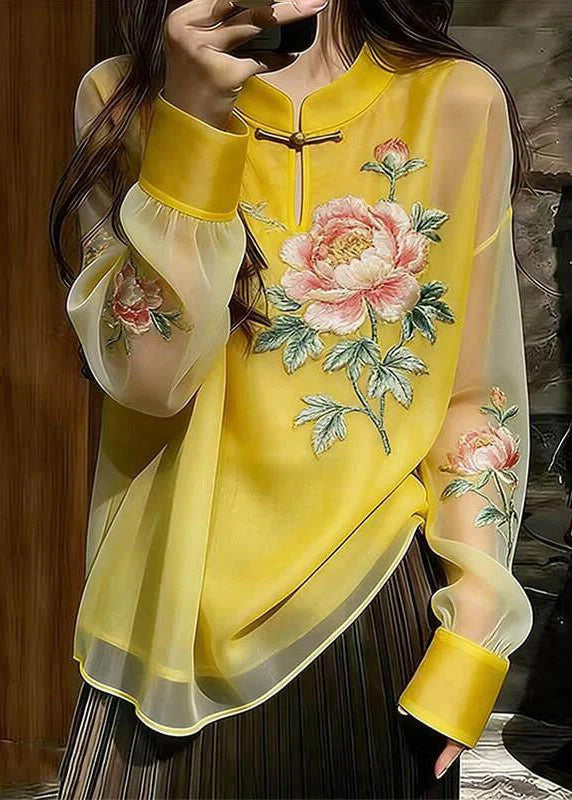 Femme Chemisier à Col Montant Boutonné Style Chinois 2