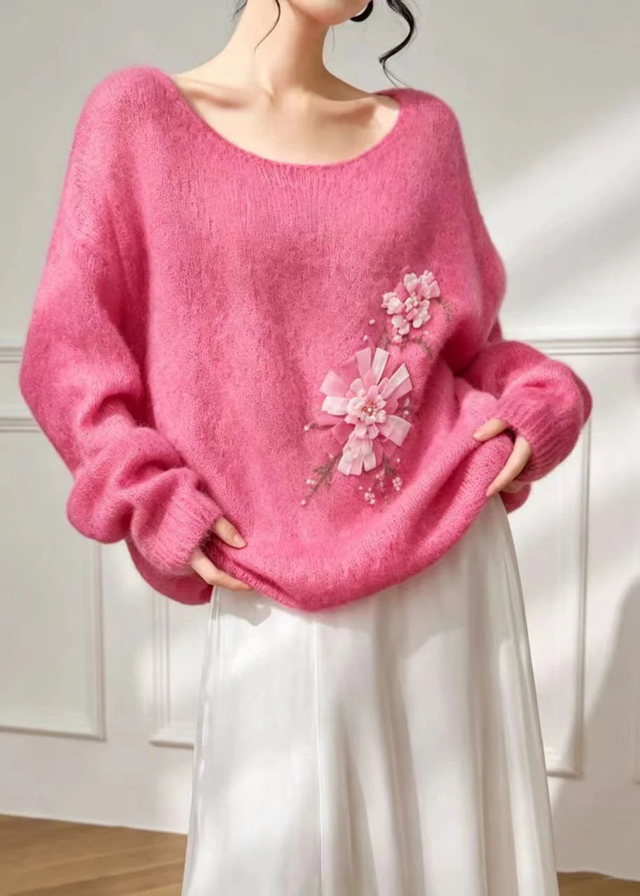 Femme Haut Oversize à Col Rond avec Détails Floraux 2