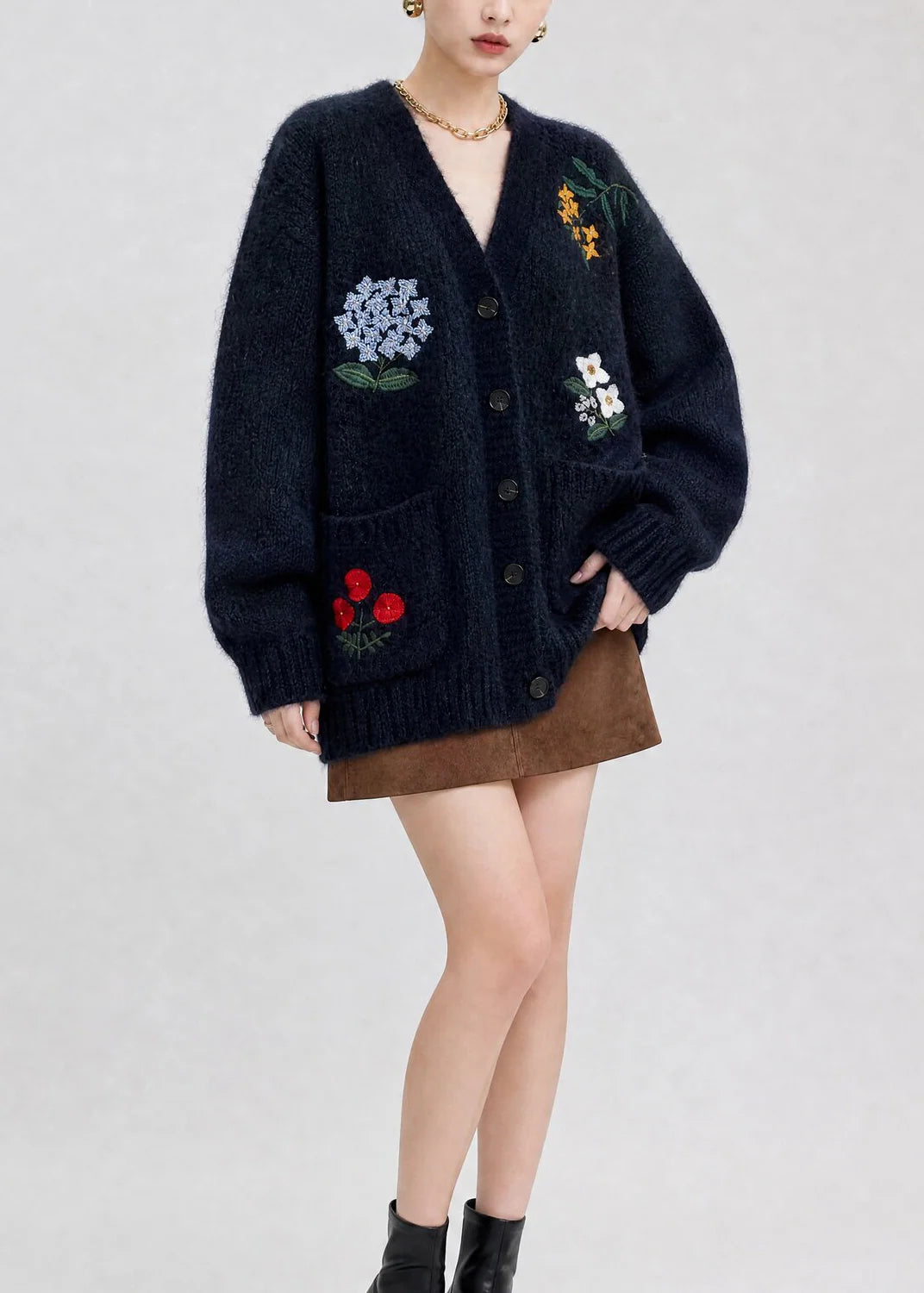Gilet Femme Col V avec Poches Brodées Style Automnal 3