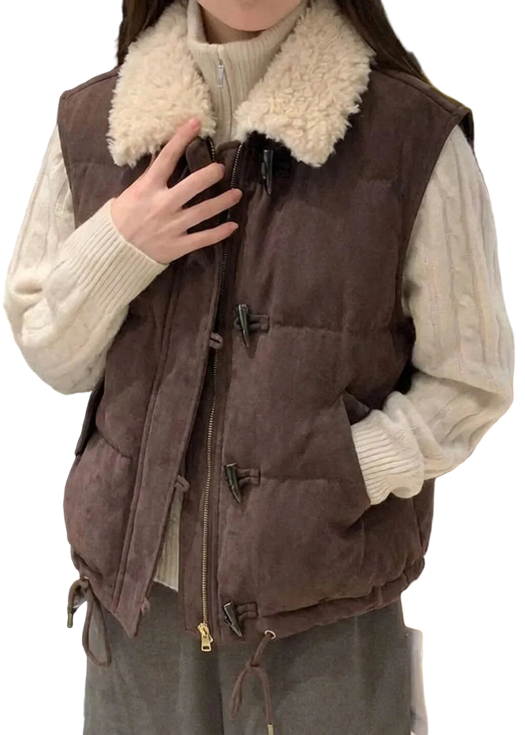 Gilet Femme Style Bohème Hiver Col Fourrure Cordon Serrage 1