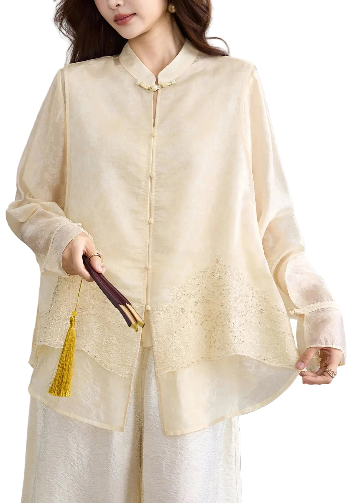 Haut Femme Col Mandarin Manches Longues Style Faux Deux-Pièces 0