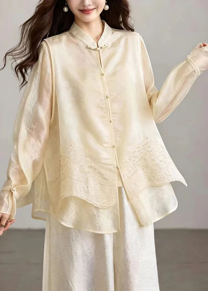 Haut Femme Col Mandarin Manches Longues Style Faux Deux-Pièces 4