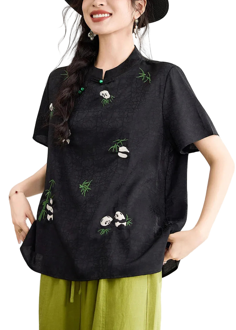 Haut Femme Manches Courtes Brodé Col Montant Style Chinois 0