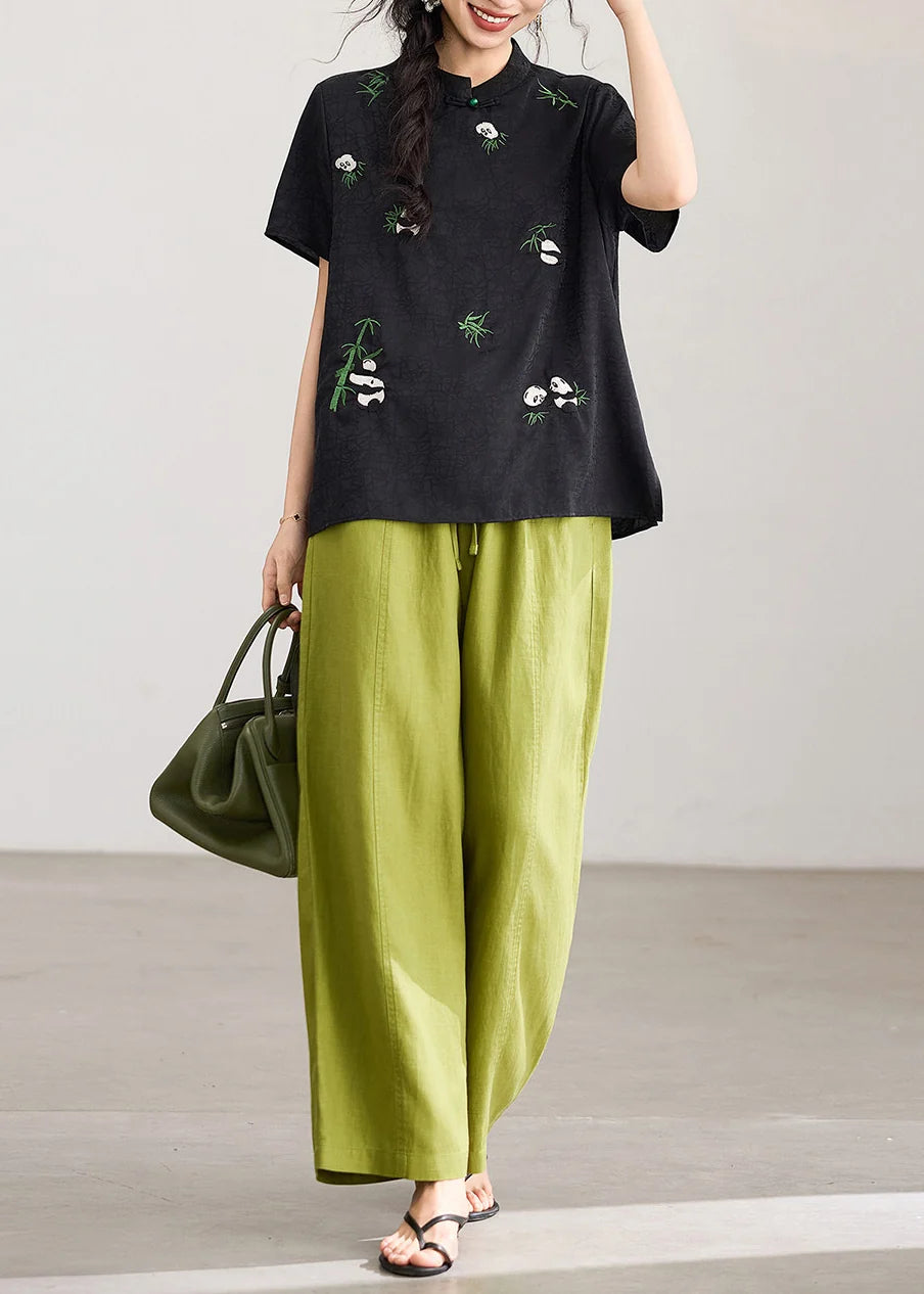 Haut Femme Manches Courtes Brodé Col Montant Style Chinois 4