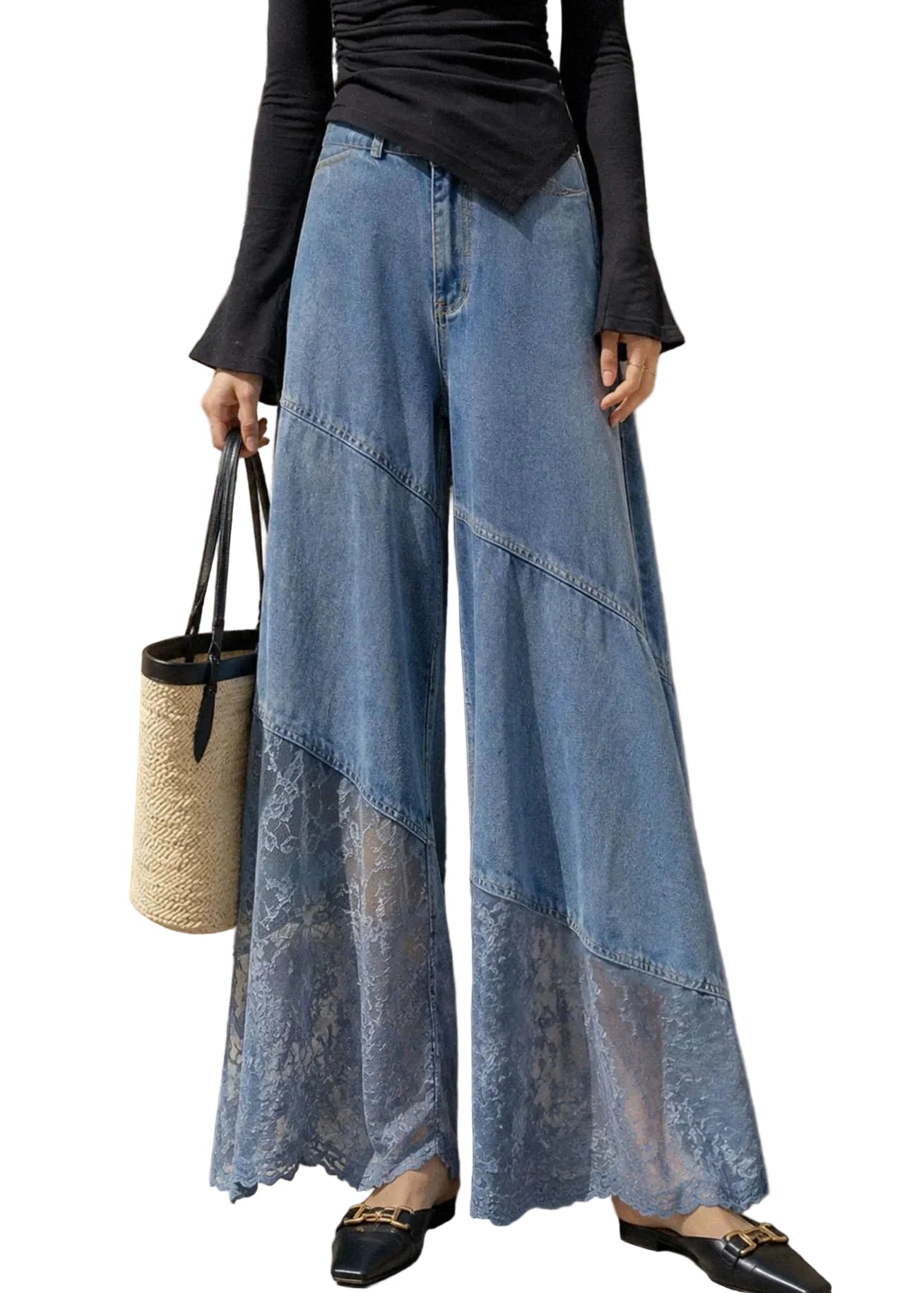 Jean Femme Taille Haute à Jambes Larges avec Poches et Patchwork 0