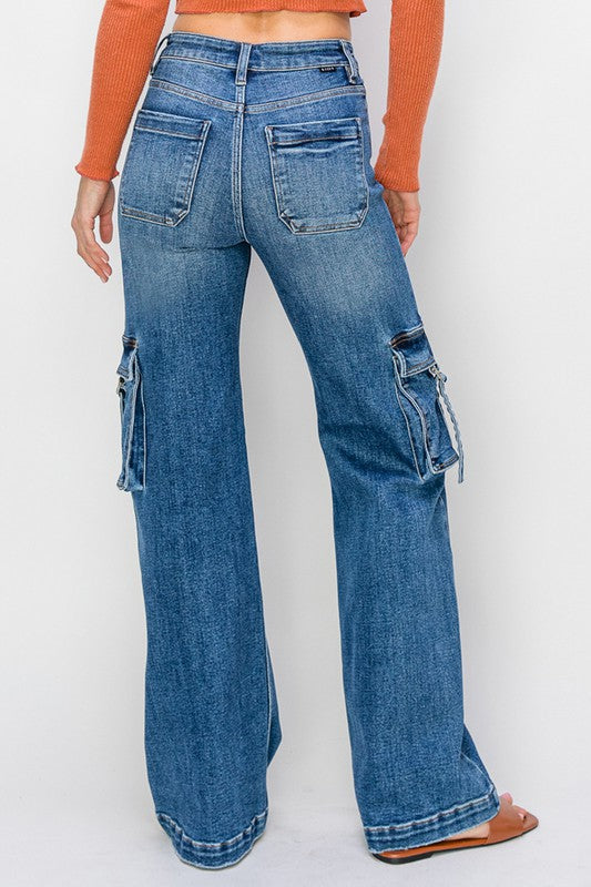 Jeans larges à taille haute avec poches cargo pour femmes en denim 4