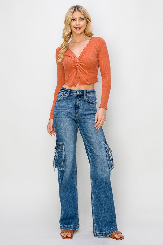 Jeans larges à taille haute avec poches cargo pour femmes en denim 5