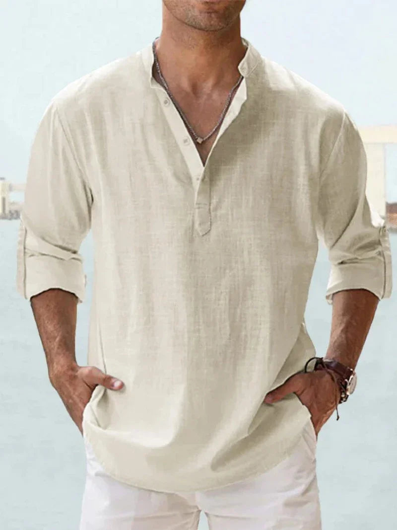 Variant image for Chemise Homme Bleu Col Mao Lin Coton Chic Confortable-25