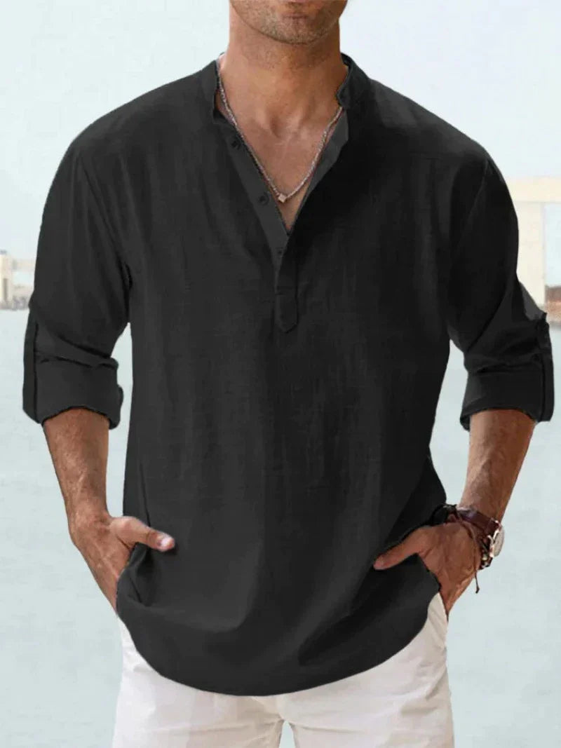 Variant image for Chemise Homme Bleu Col Mao Lin Coton Chic Confortable-9