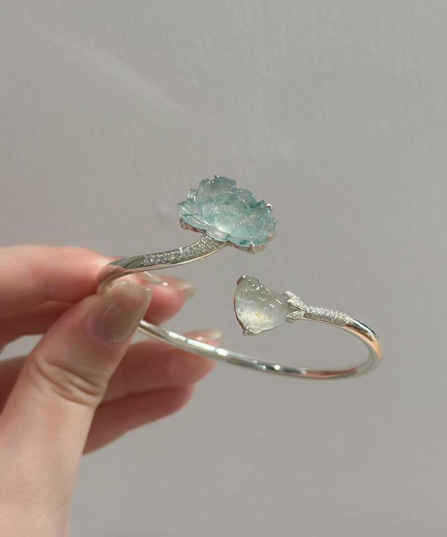 Manchette Femme Style Chinois Lotus en Jade et Argent Sterling 4