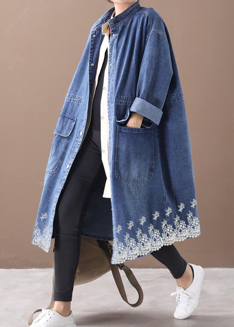 Manteau Box en Denim Bleu pour Femme Grande Taille avec Col Montant et Cordons 8