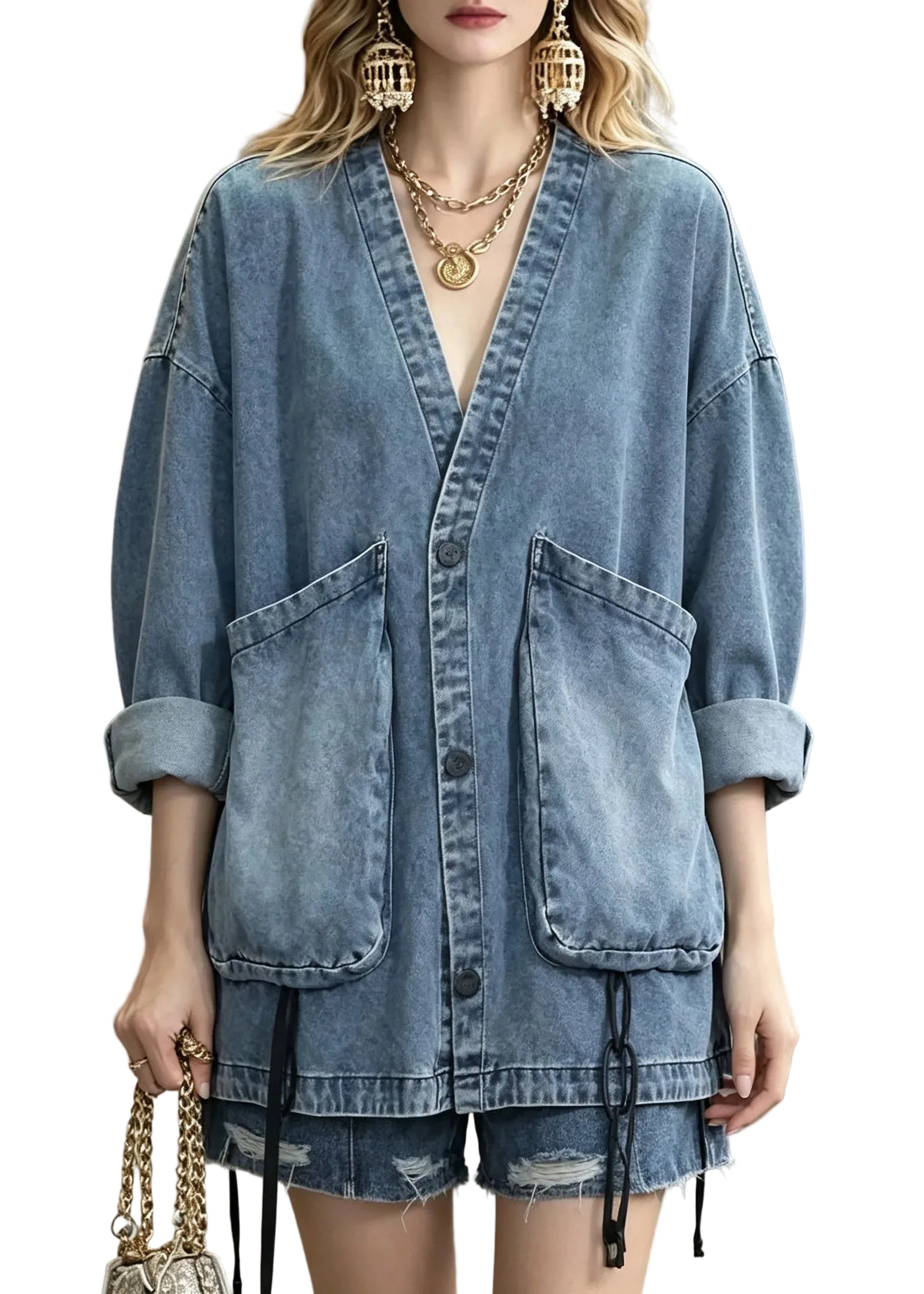 Manteau Femme Denim Patchwork Manches Longues 0