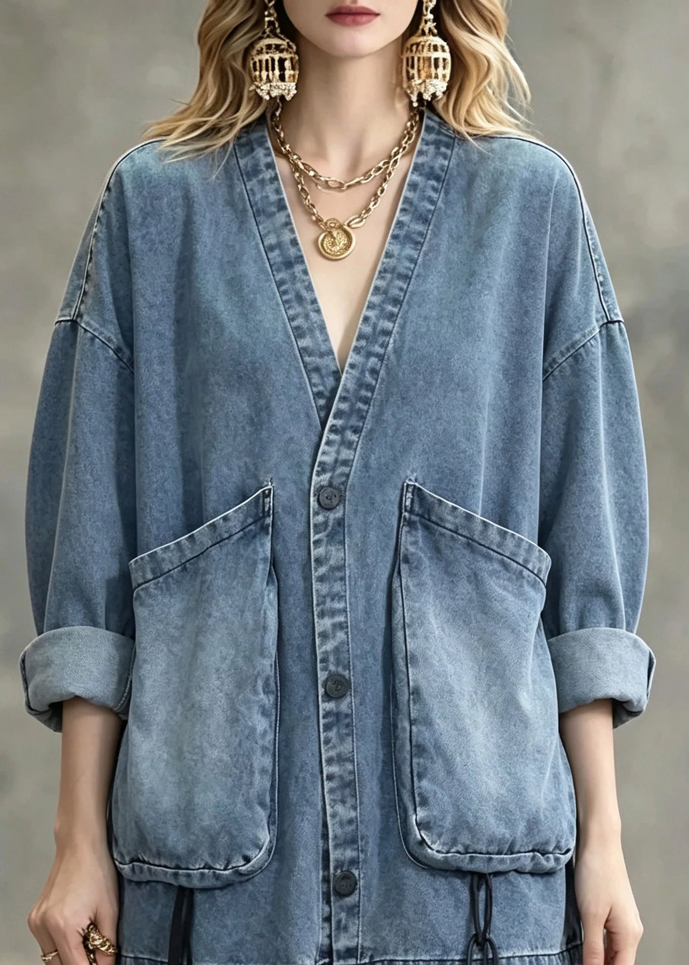 Manteau Femme Denim Patchwork Manches Longues 1