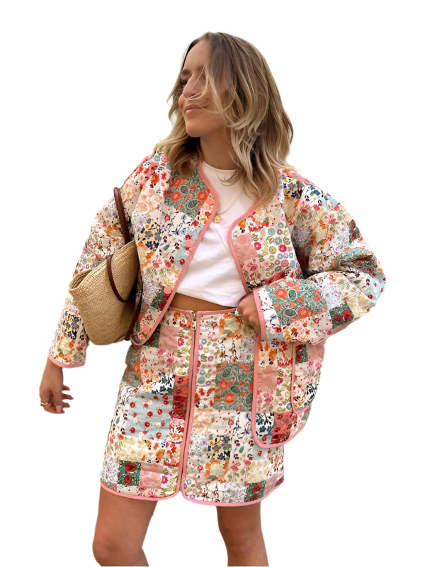 Manteau Foncé à Imprimé Floral pour Femme, Col Rond, Matériau Léger 0