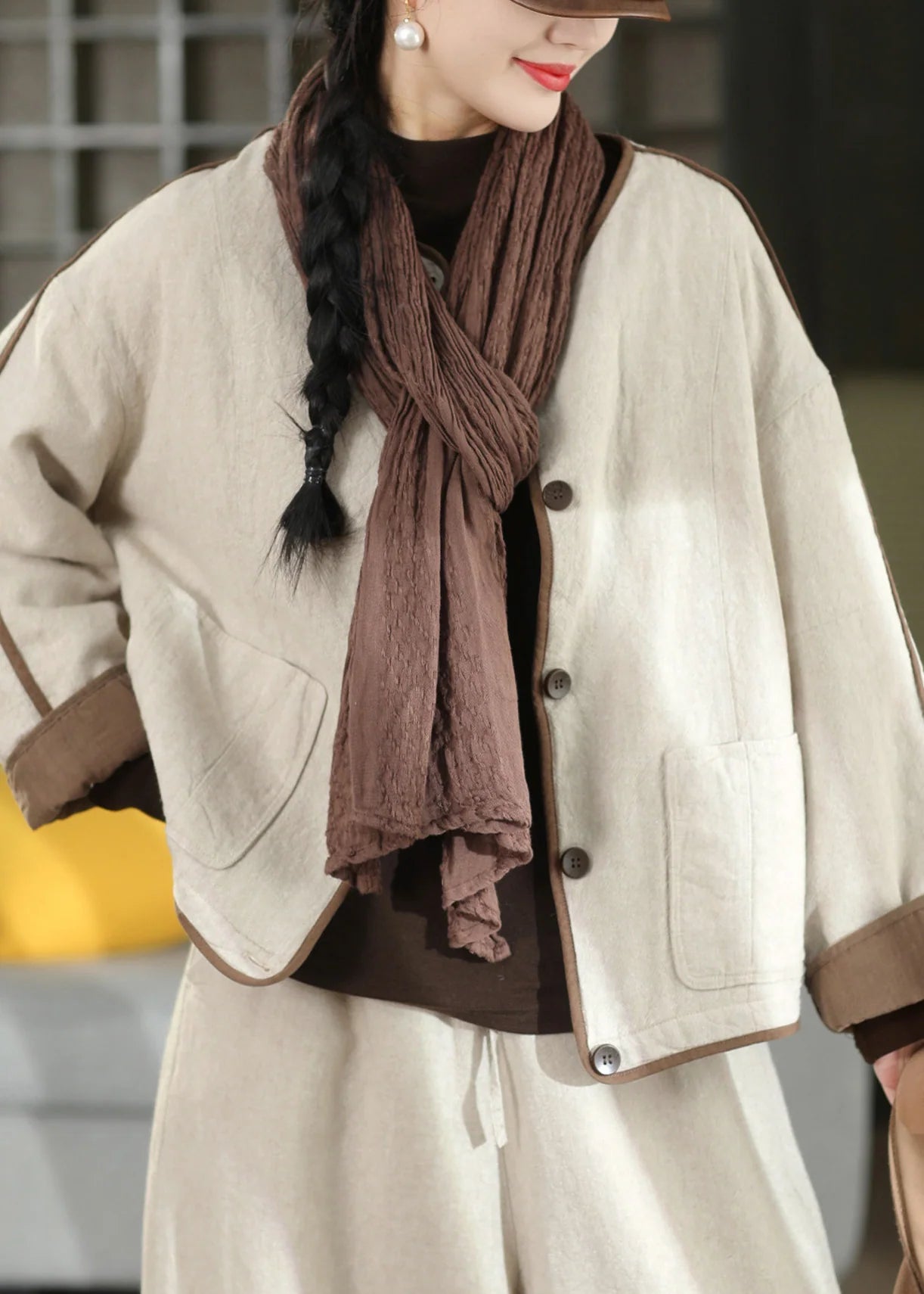 Manteau Hiver Femme Ample Avec Poches Et Détails Patchwork 0