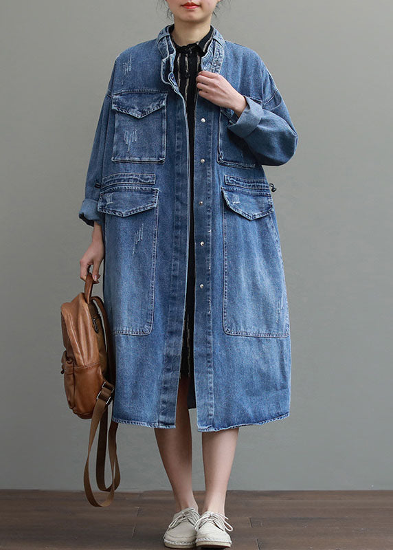 Manteau Long Femme en Denim Ample avec Poches et Manches Longues 1